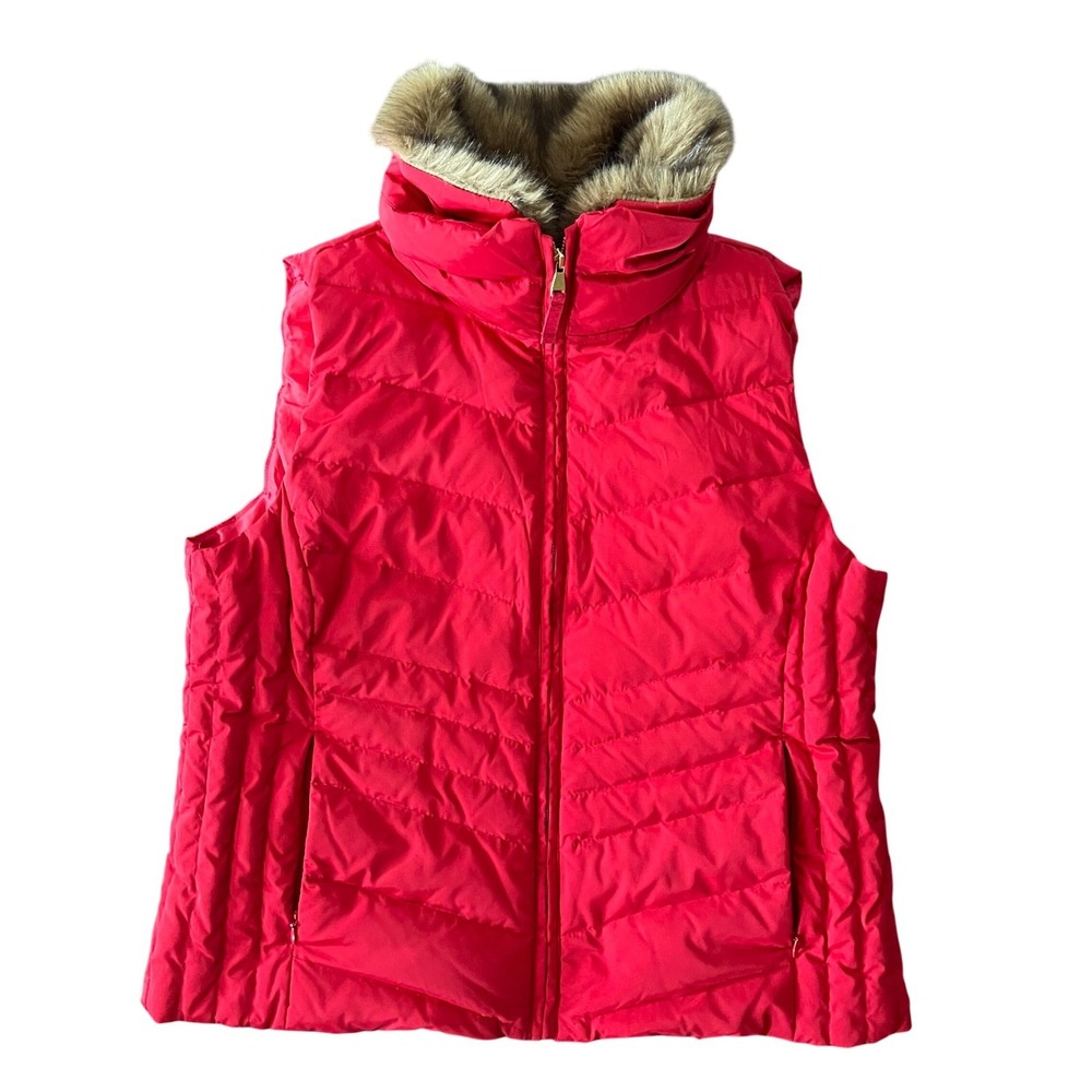 Talbots Petite Red Puffer Vest Faux Fur Trim Chevron Quilted Down Size XL P